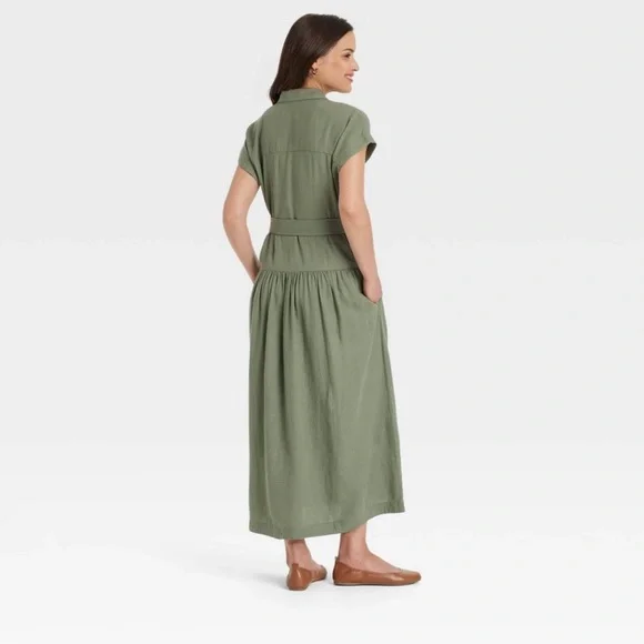 Women's Short Sleeve Belted Midi Shirtdress Green Universal Thread L - Picture 5 of 5